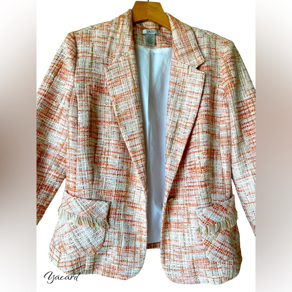 CACHE Women's Tweed Blazer Jacket Size 10” casual 3/4 sleeve Pink/orange/white